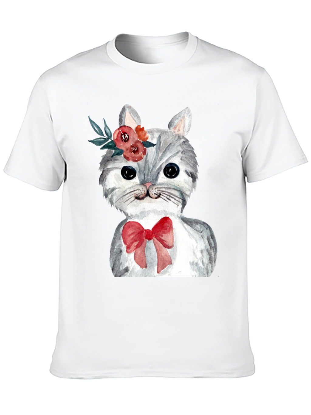 Cat with Flowers & Bow T-Shirt - Black
