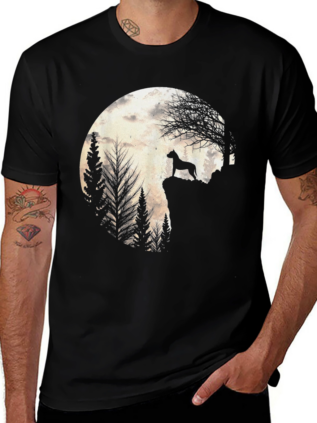 Dog Silhouette Moon Graphic Tee - Black
