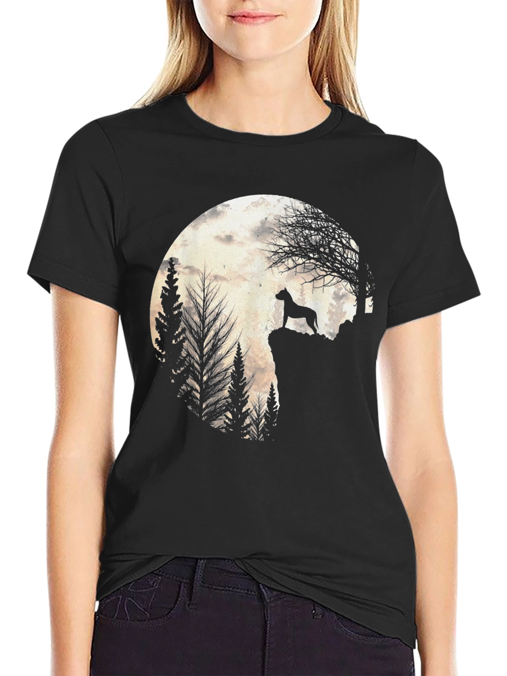 Dog Silhouette Moon Graphic Tee - Black