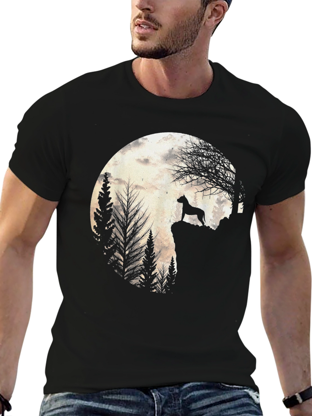 Dog Silhouette Moon Graphic Tee - Black