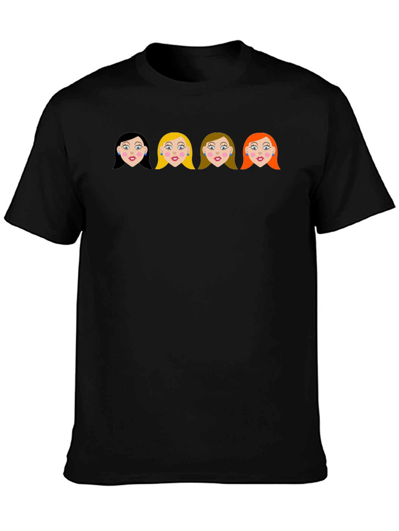 Cartoon Girls Black Crew Neck T-Shirt