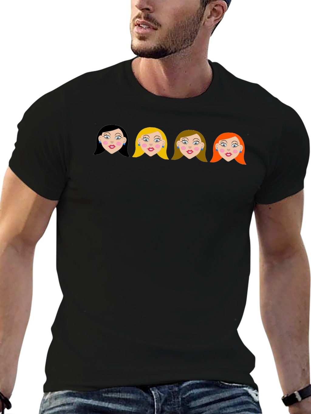 Cartoon Girls Black Crew Neck T-Shirt
