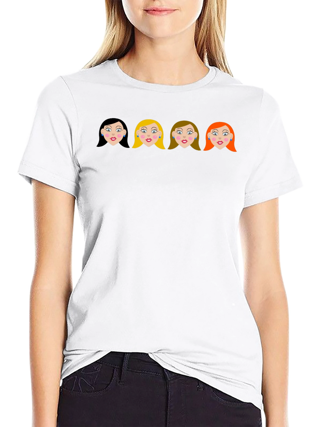 Cartoon Girls Black Crew Neck T-Shirt