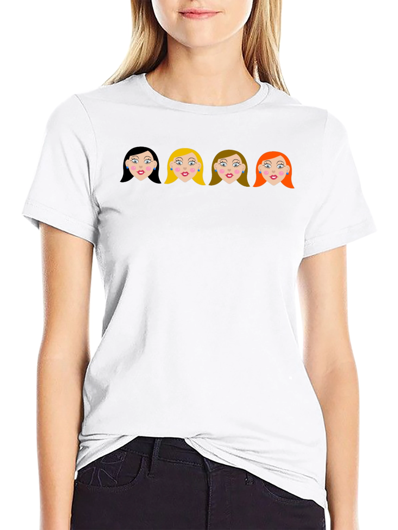 Cartoon Girls Black Crew Neck T-Shirt