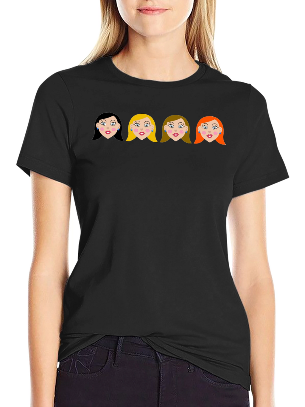Cartoon Girls Black Crew Neck T-Shirt