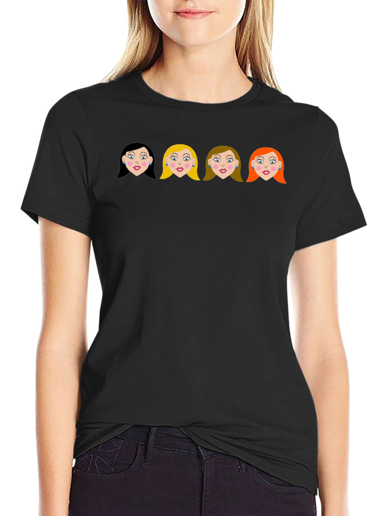 Cartoon Girls Black Crew Neck T-Shirt