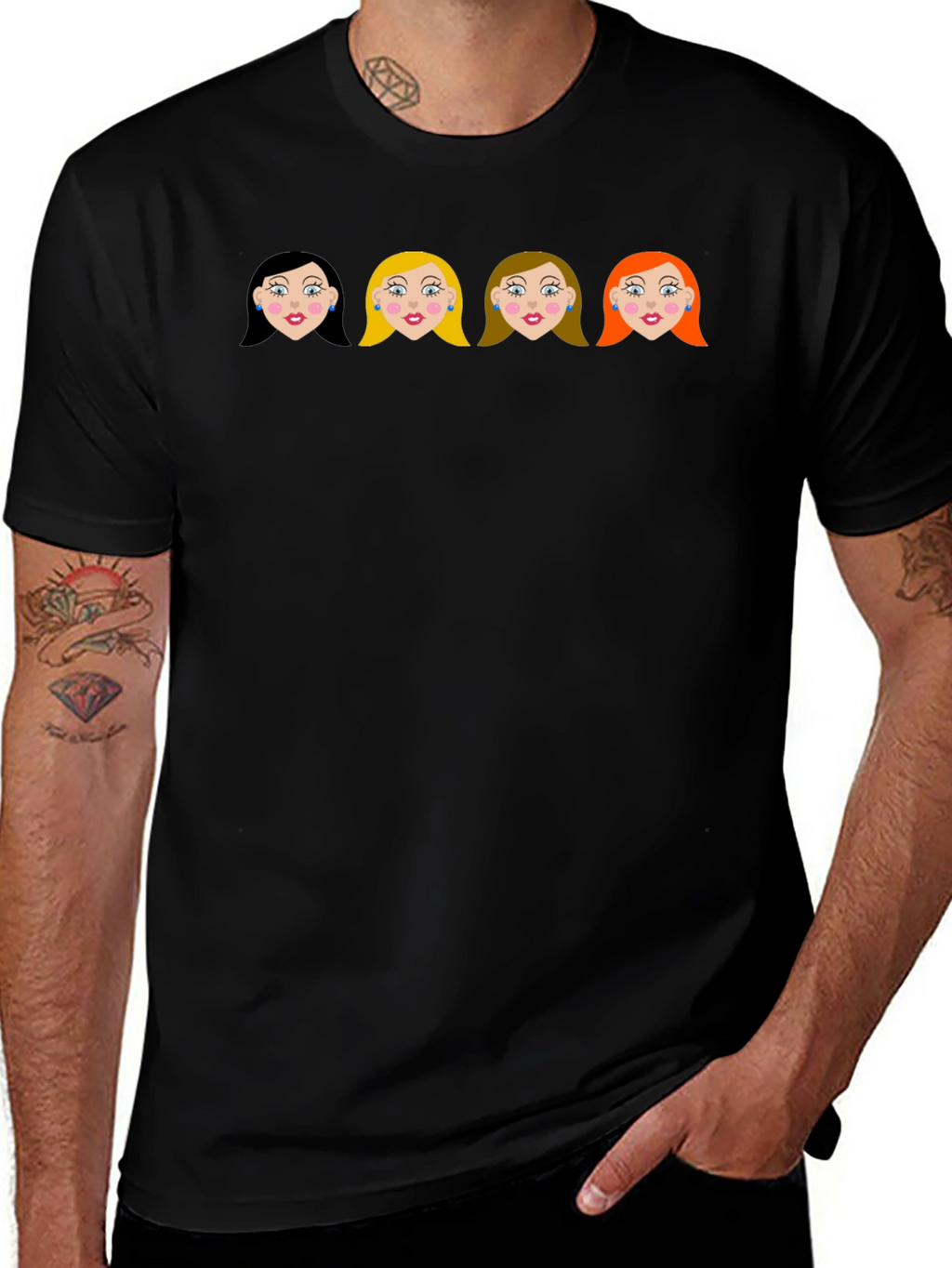 Cartoon Girls Black Crew Neck T-Shirt