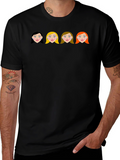 Cartoon Girls Black Crew Neck T-Shirt