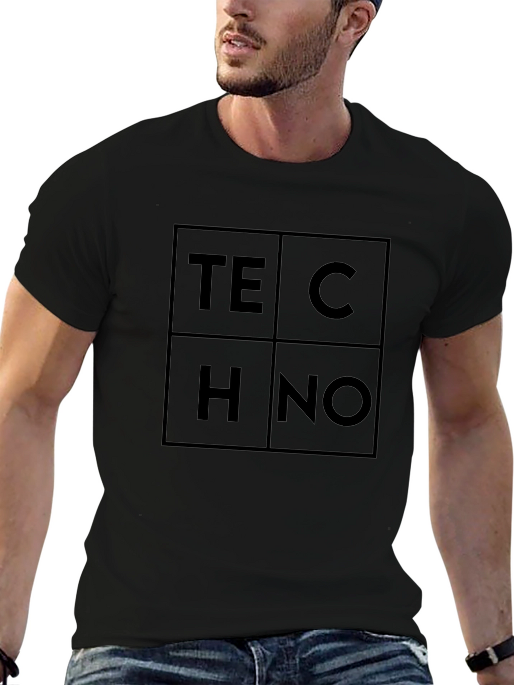 Techno Graphic Tee - Modern Geometric Black T-Shirt