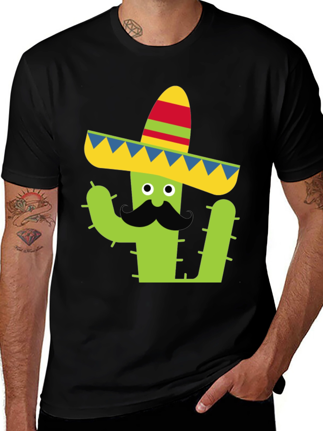 Cactus Sombrero Tee - Black Cotton Graphic T-Shirt