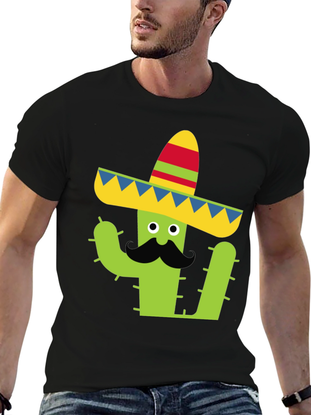 Cactus Sombrero Tee - Black Cotton Graphic T-Shirt