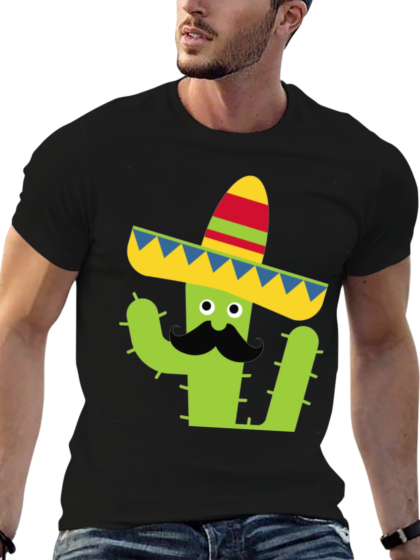 Cactus Sombrero Tee - Black Cotton Graphic T-Shirt