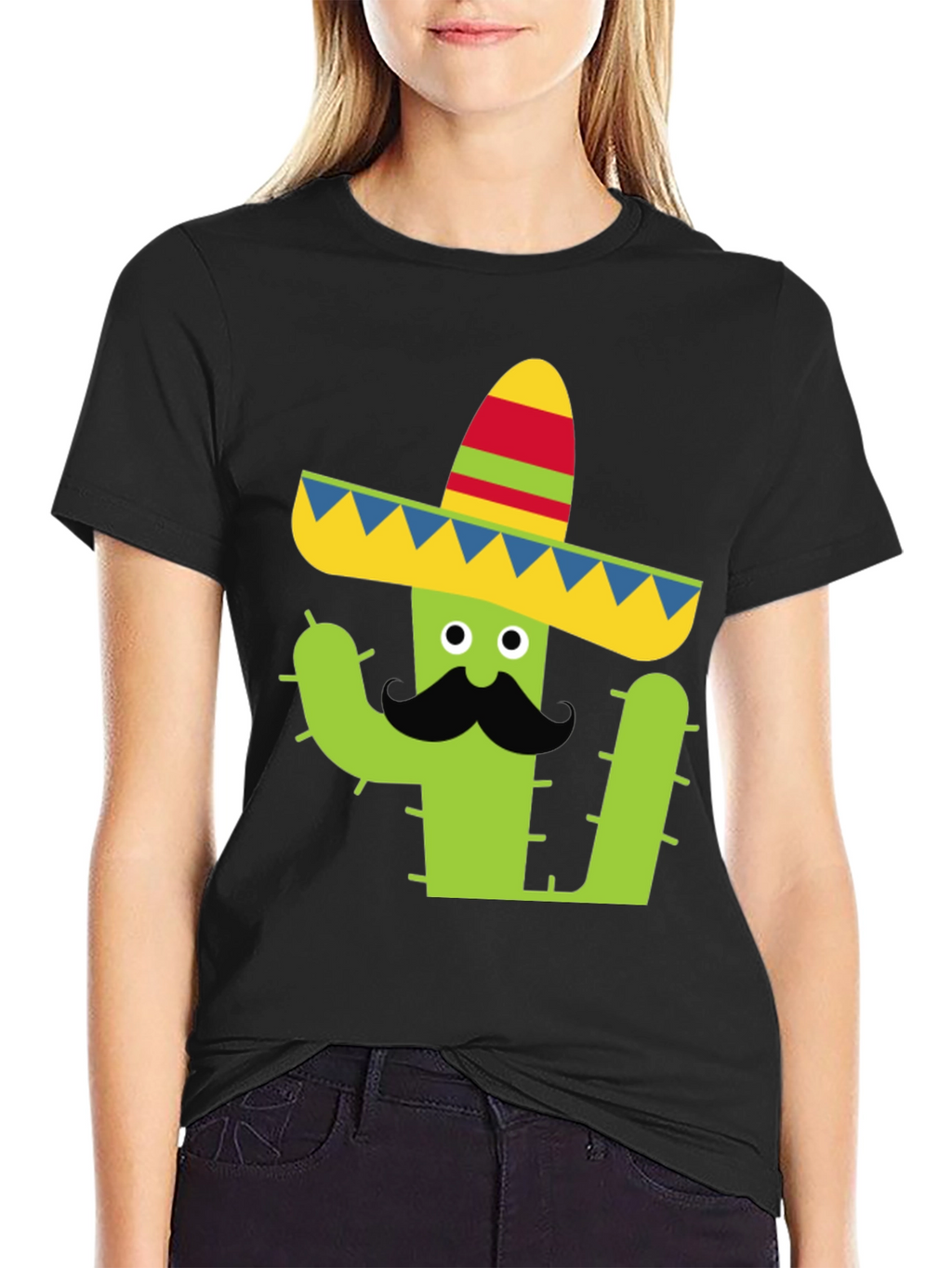 Cactus Sombrero Tee - Black Cotton Graphic T-Shirt