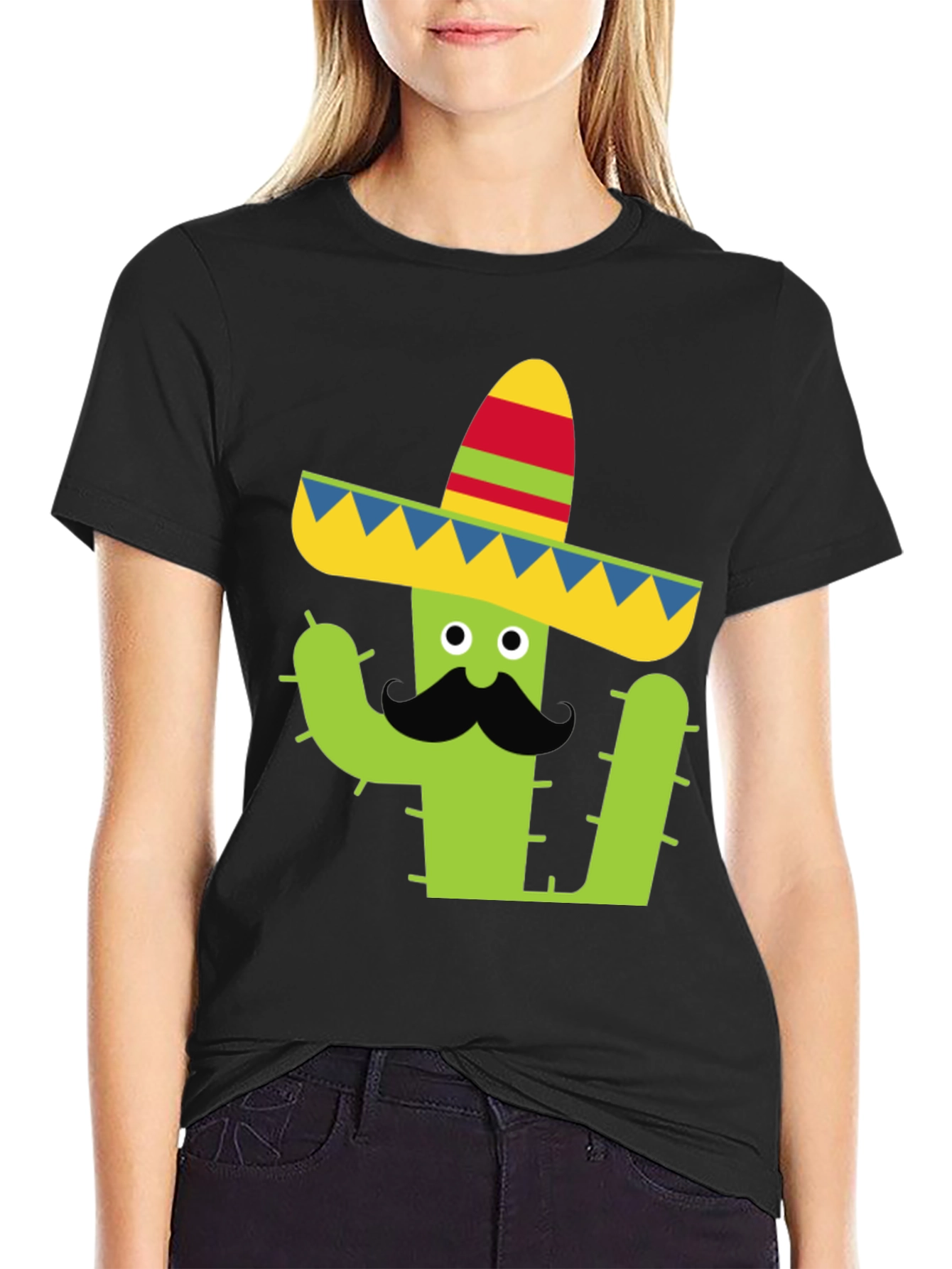 Cactus Sombrero Tee - Black Cotton Graphic T-Shirt