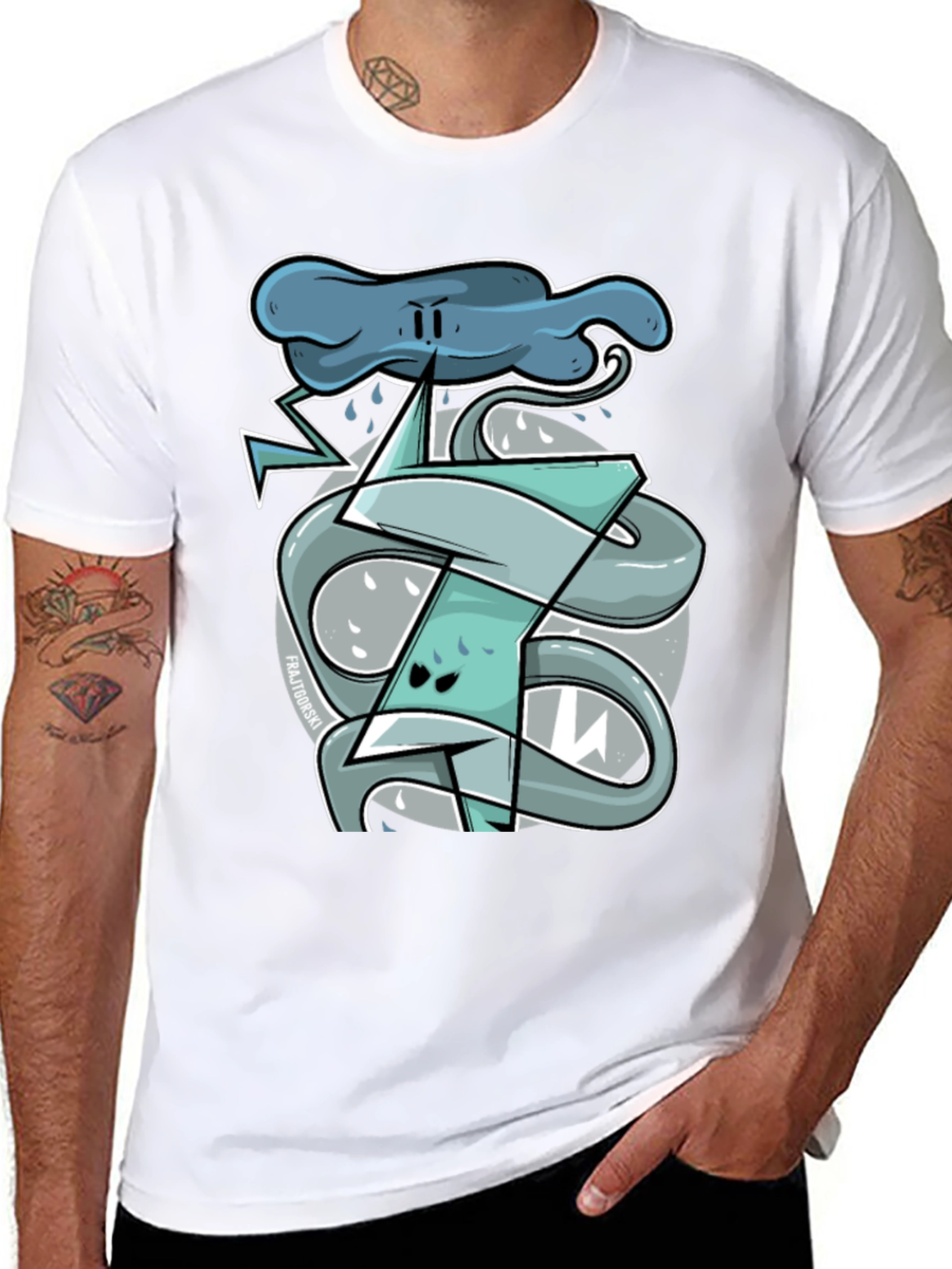 Cartoon Lightning Storm Graphic Tee - Mens Black T-Shirt