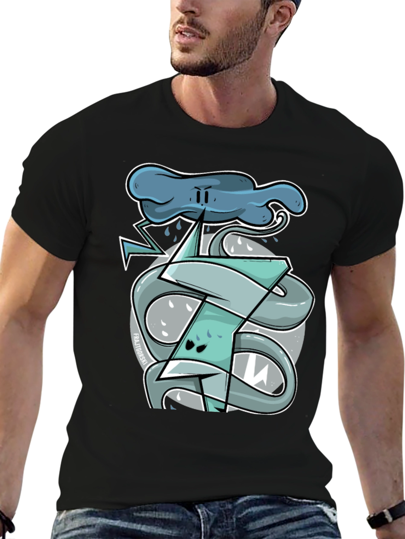 Cartoon Lightning Storm Graphic Tee - Mens Black T-Shirt