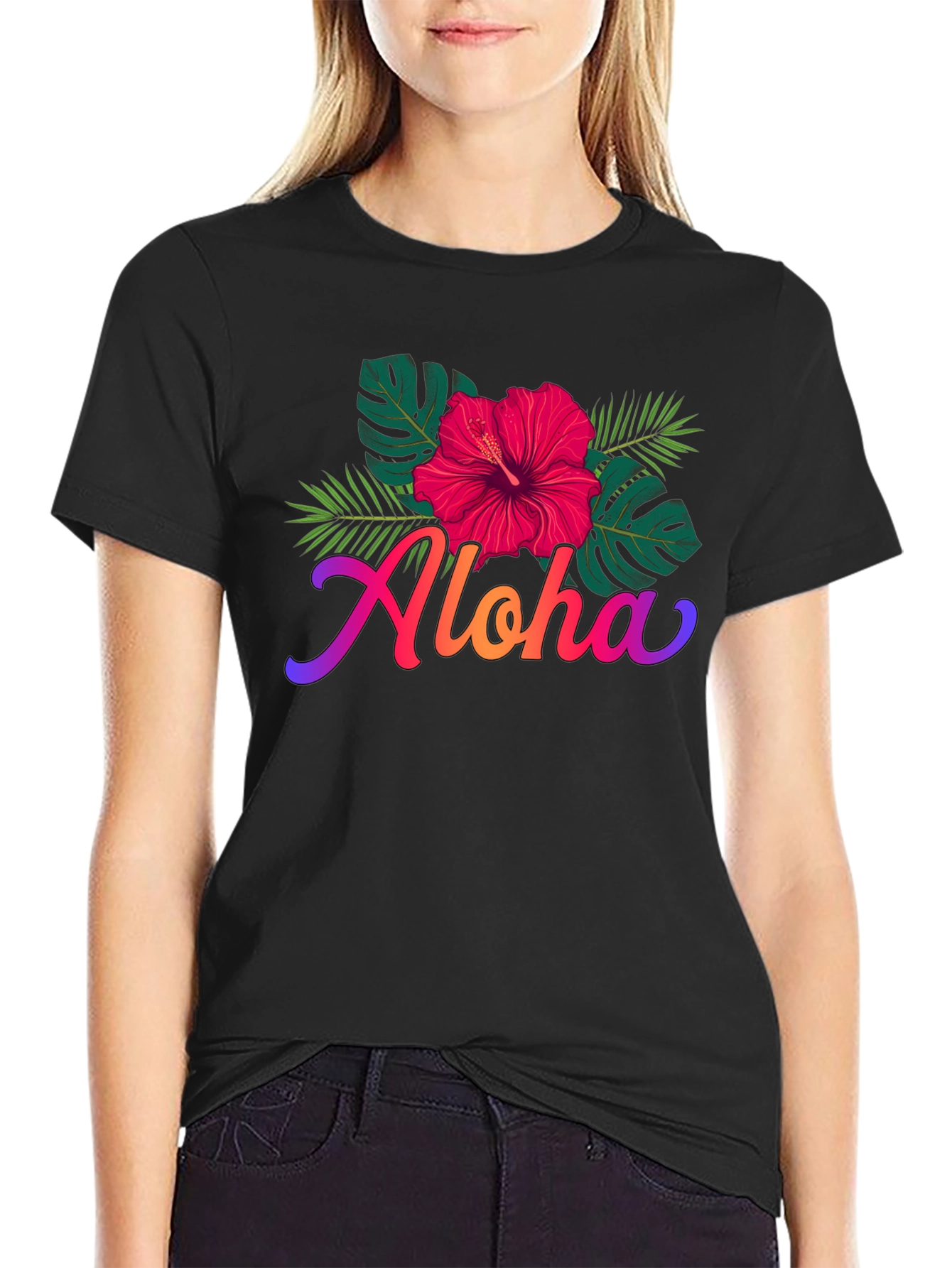 Aloha Hibiscus Flower Graphic Print Mens Black T-Shirt