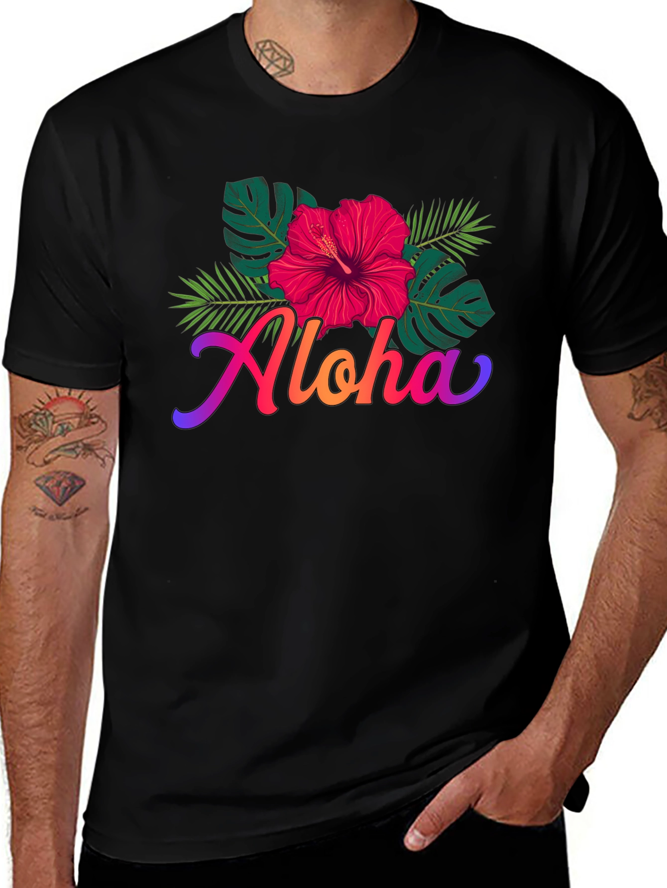 Aloha Hibiscus Flower Graphic Print Mens Black T-Shirt