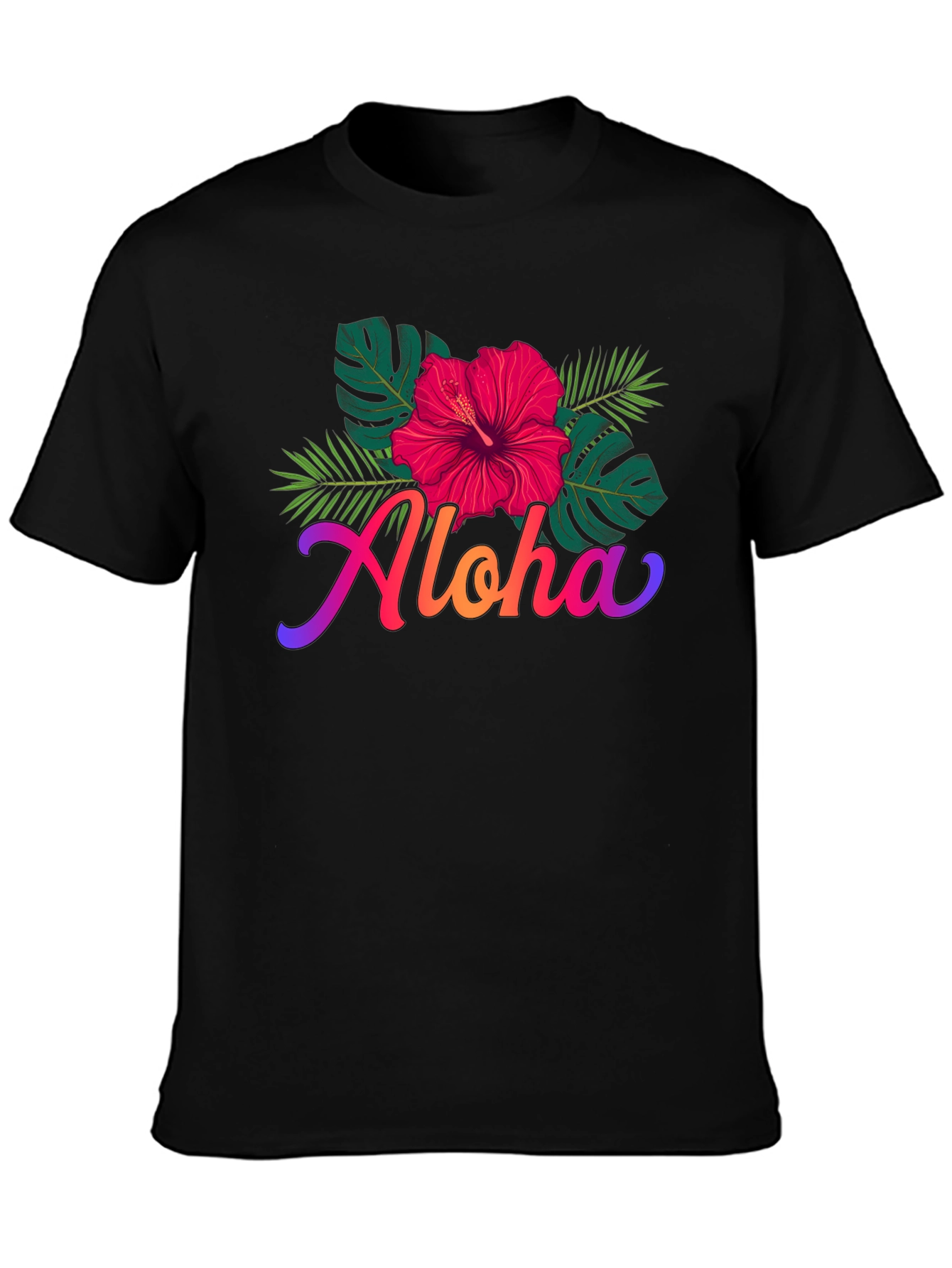 Aloha Hibiscus Flower Graphic Print Mens Black T-Shirt