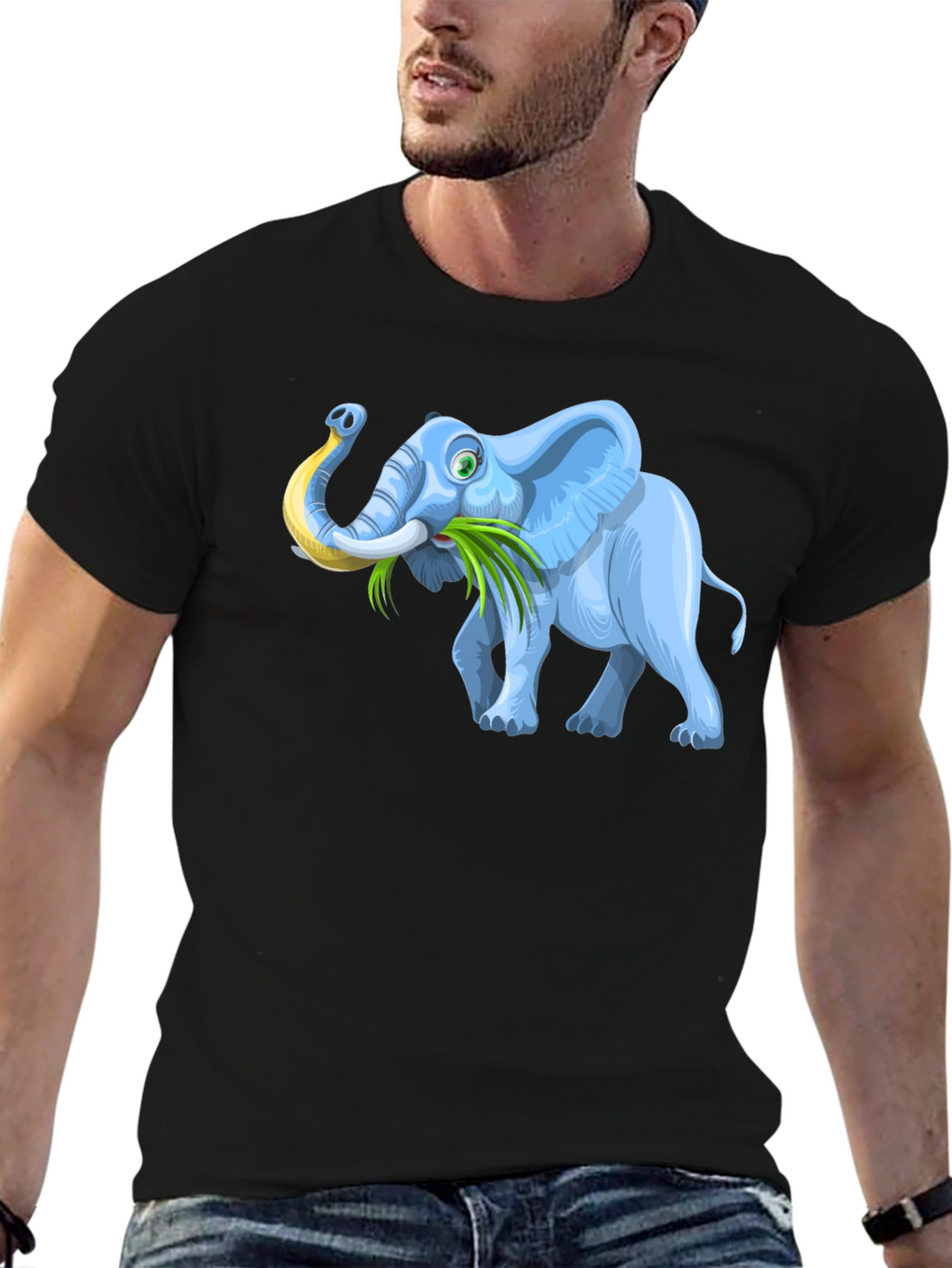 Cartoon Elephant Graphic Tee - Black Casual T-Shirt