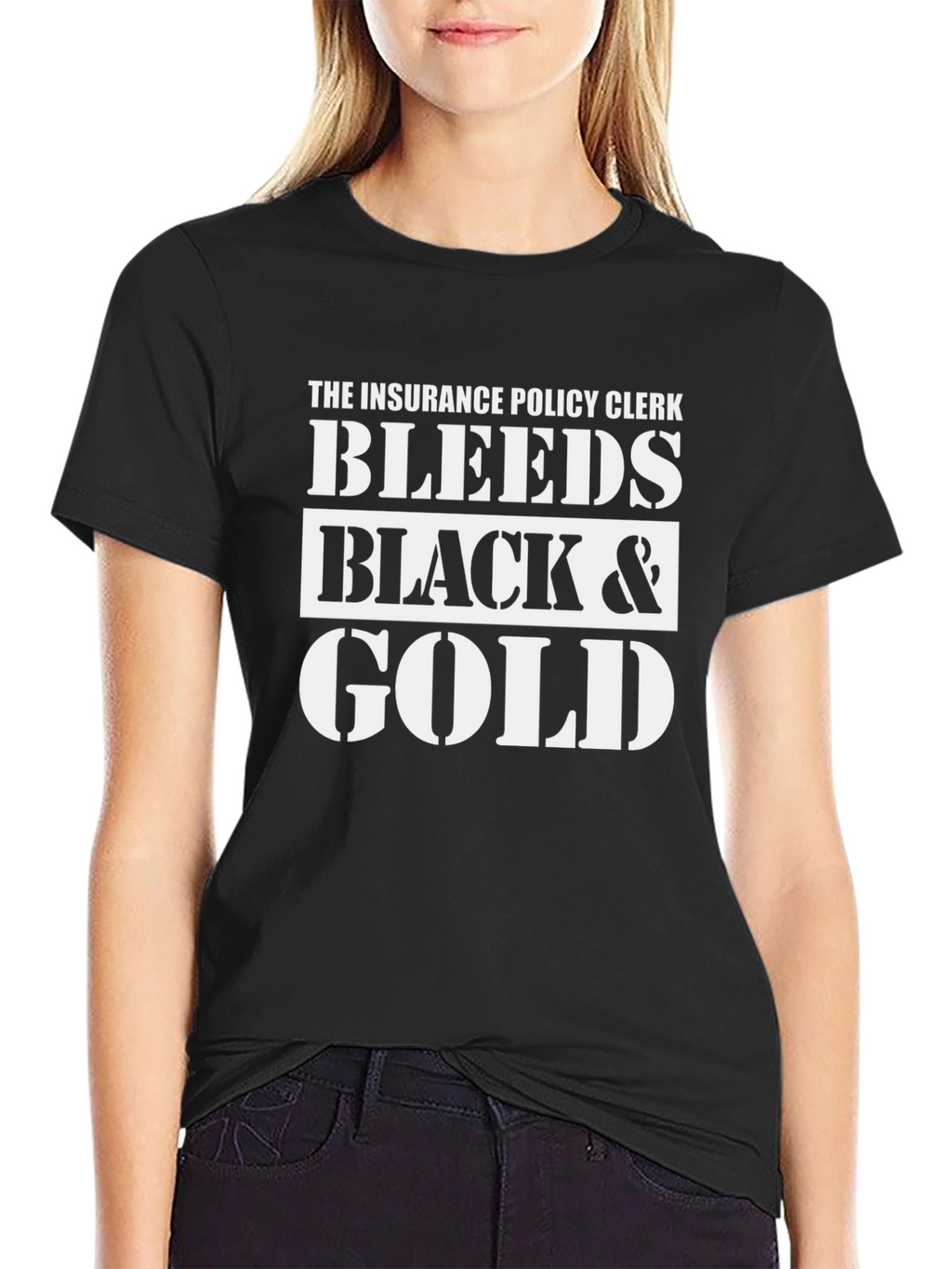Insurance Policy Clerk Bleeds Black & Gold T-Shirt
