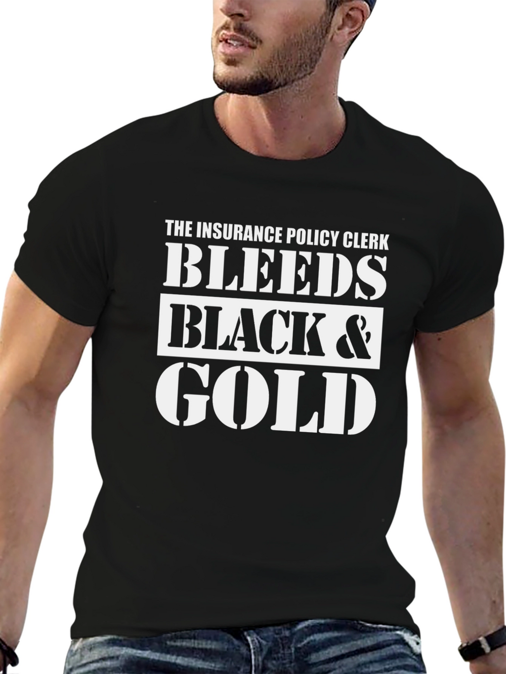 Insurance Policy Clerk Bleeds Black & Gold T-Shirt