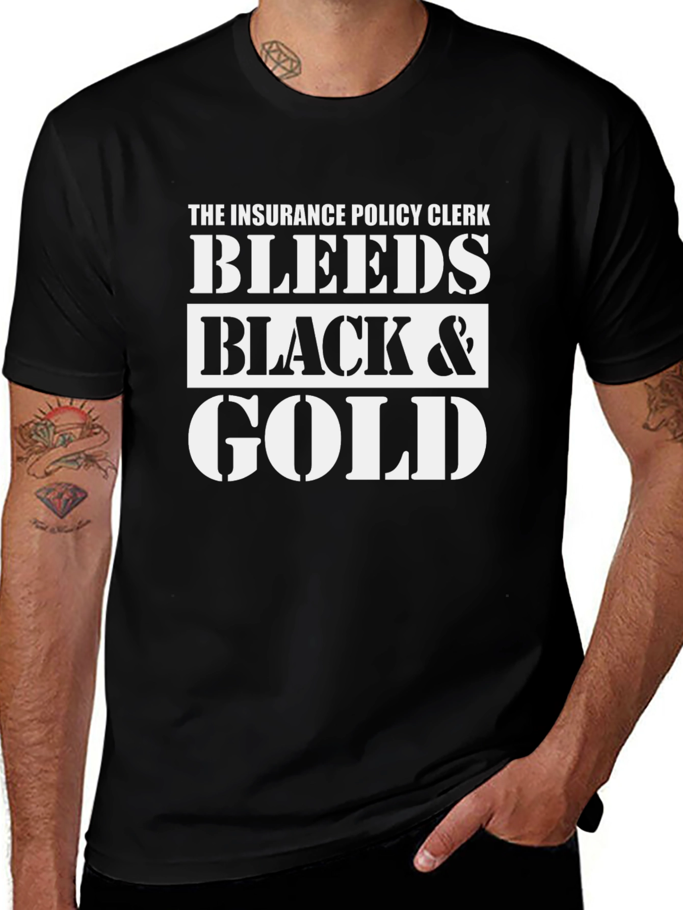 Insurance Policy Clerk Bleeds Black & Gold T-Shirt