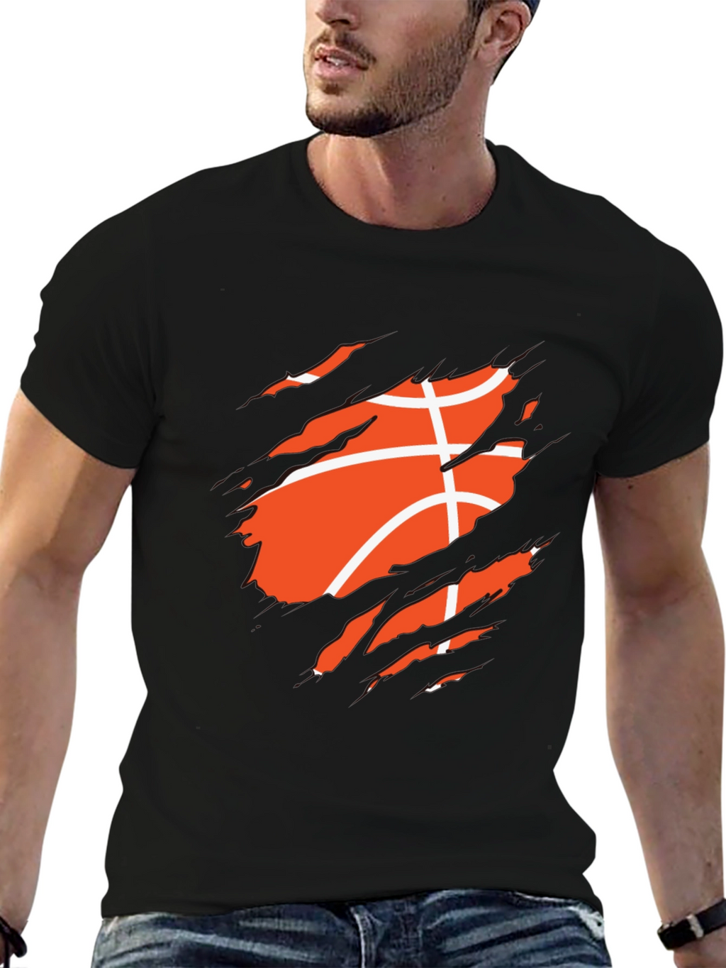 Basketball Ripped Graphic Mens Black T-Shirt