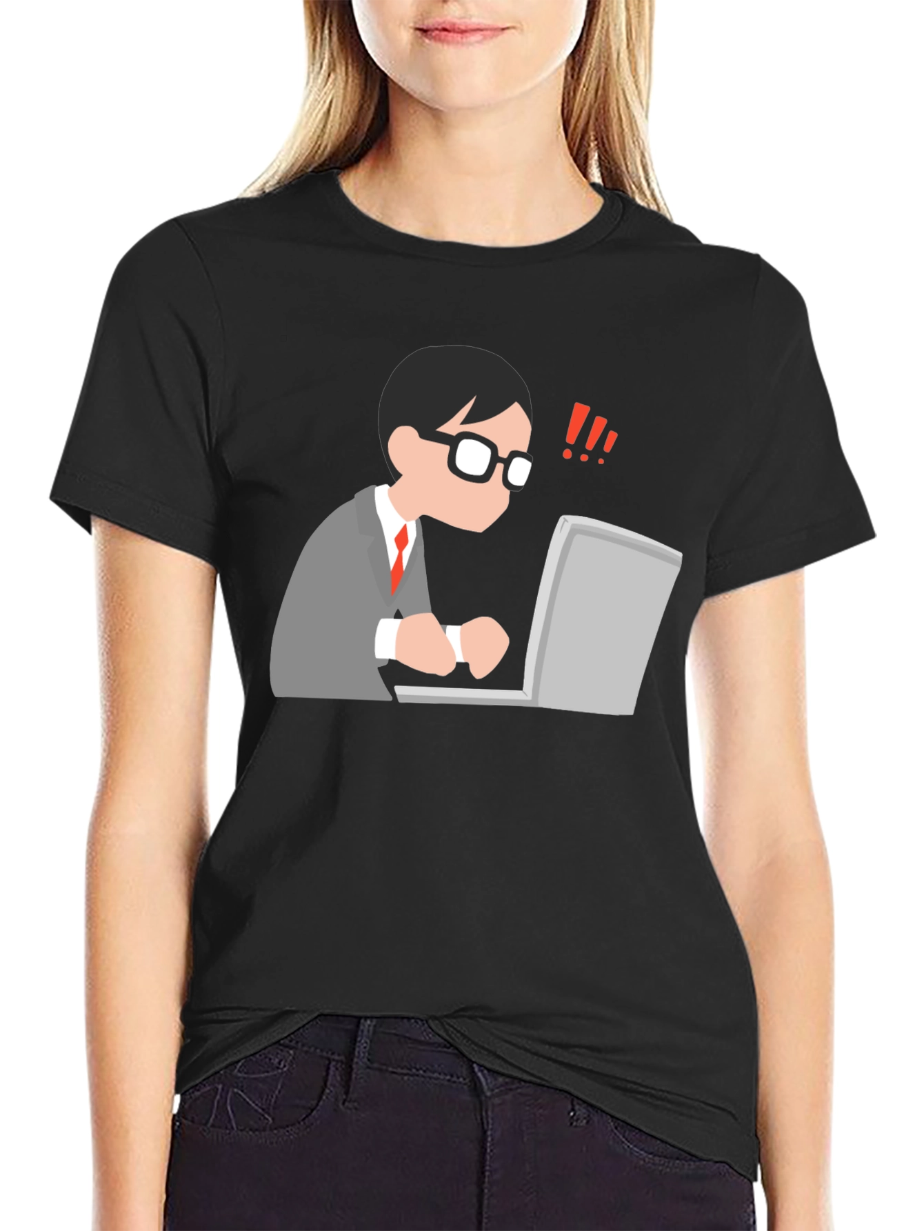 Black T-Shirt with Animated Computer User Design