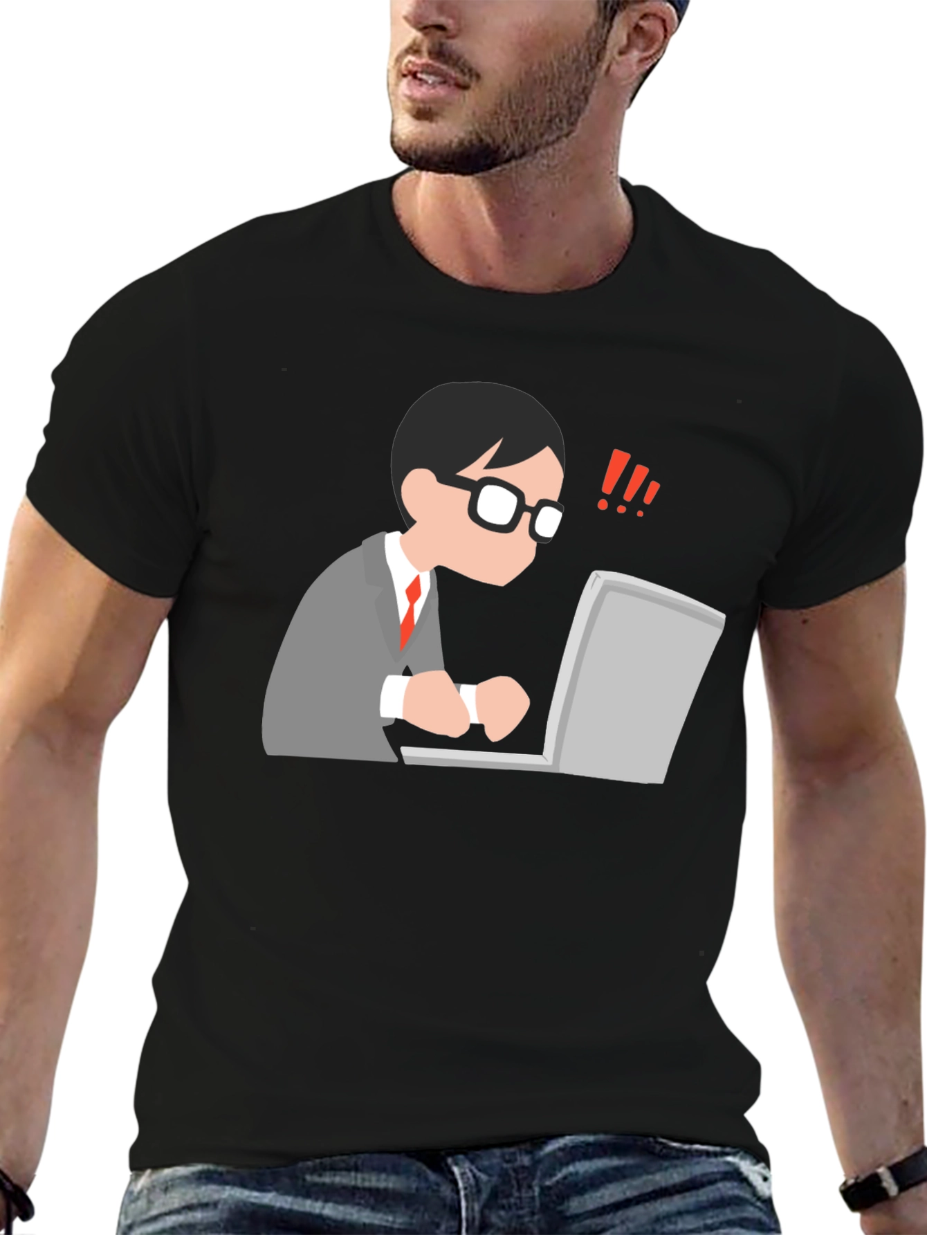 Black T-Shirt with Animated Computer User Design