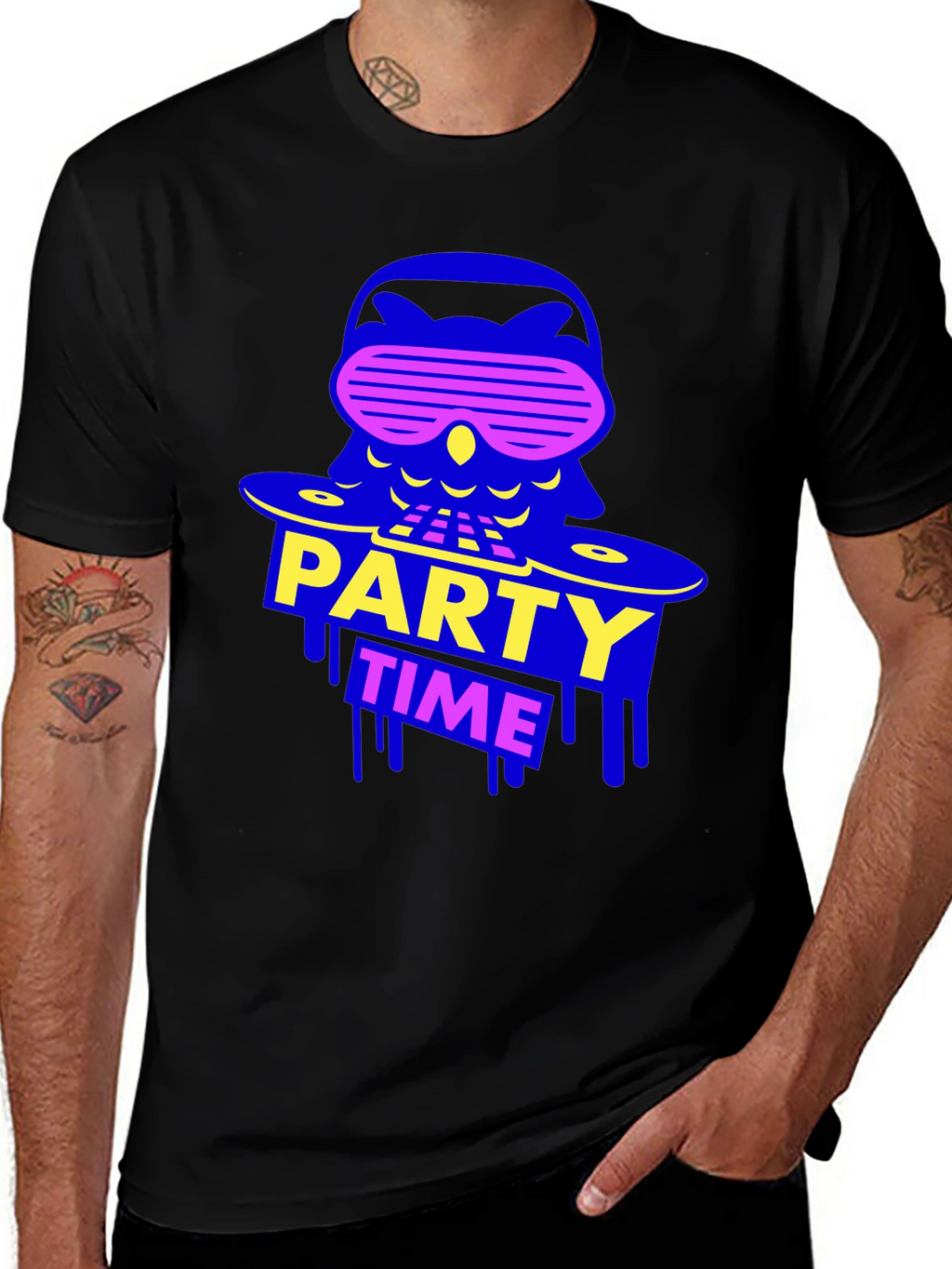 Party Time Owl Graphic Tee - Black Crew Neck