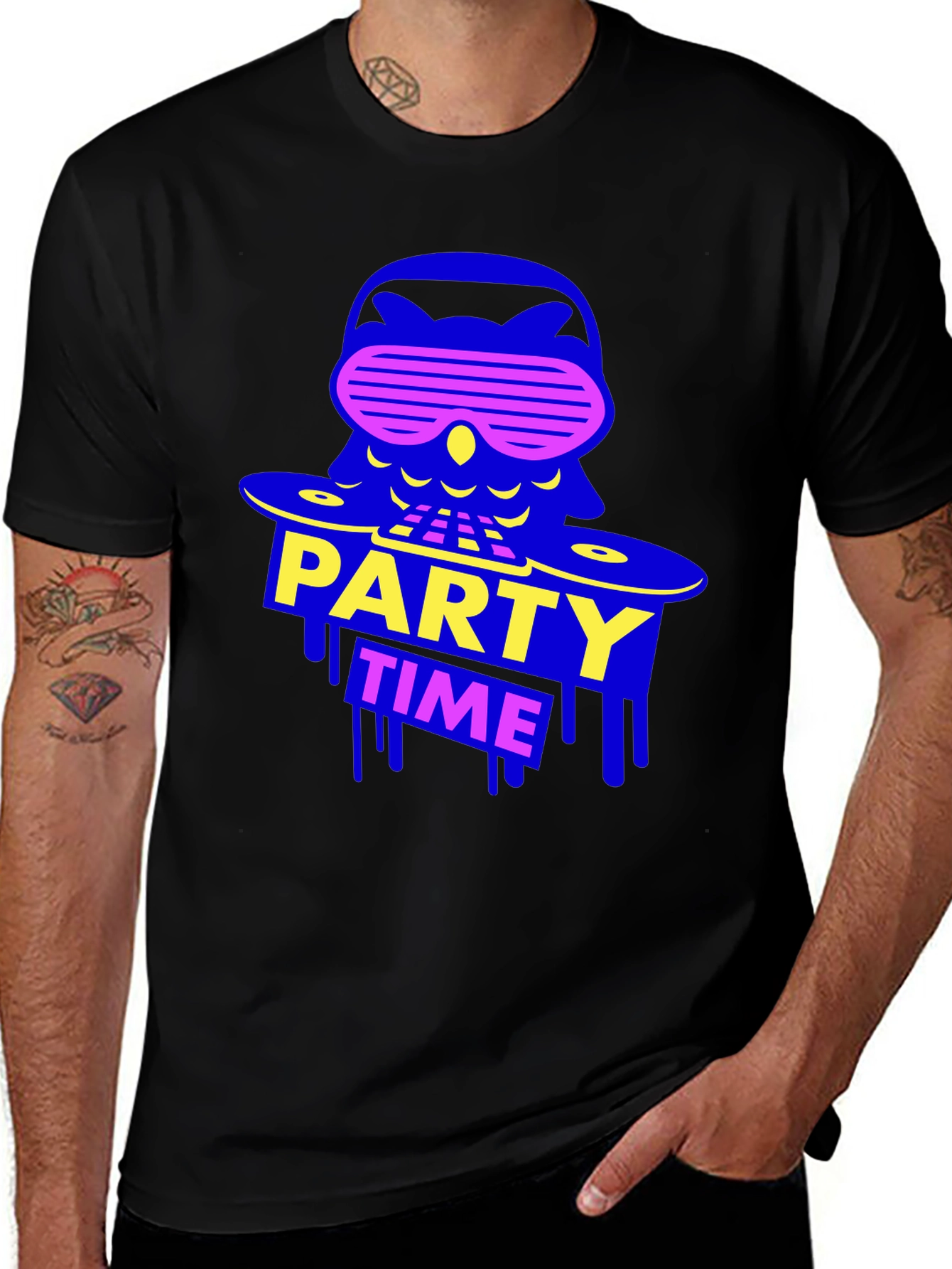 Party Time Owl Graphic Tee - Black Crew Neck