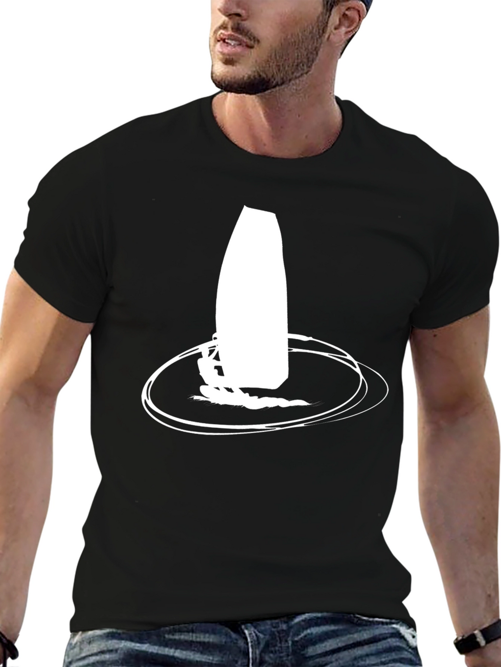 Black T-shirt with Windsurfing Graphic Print