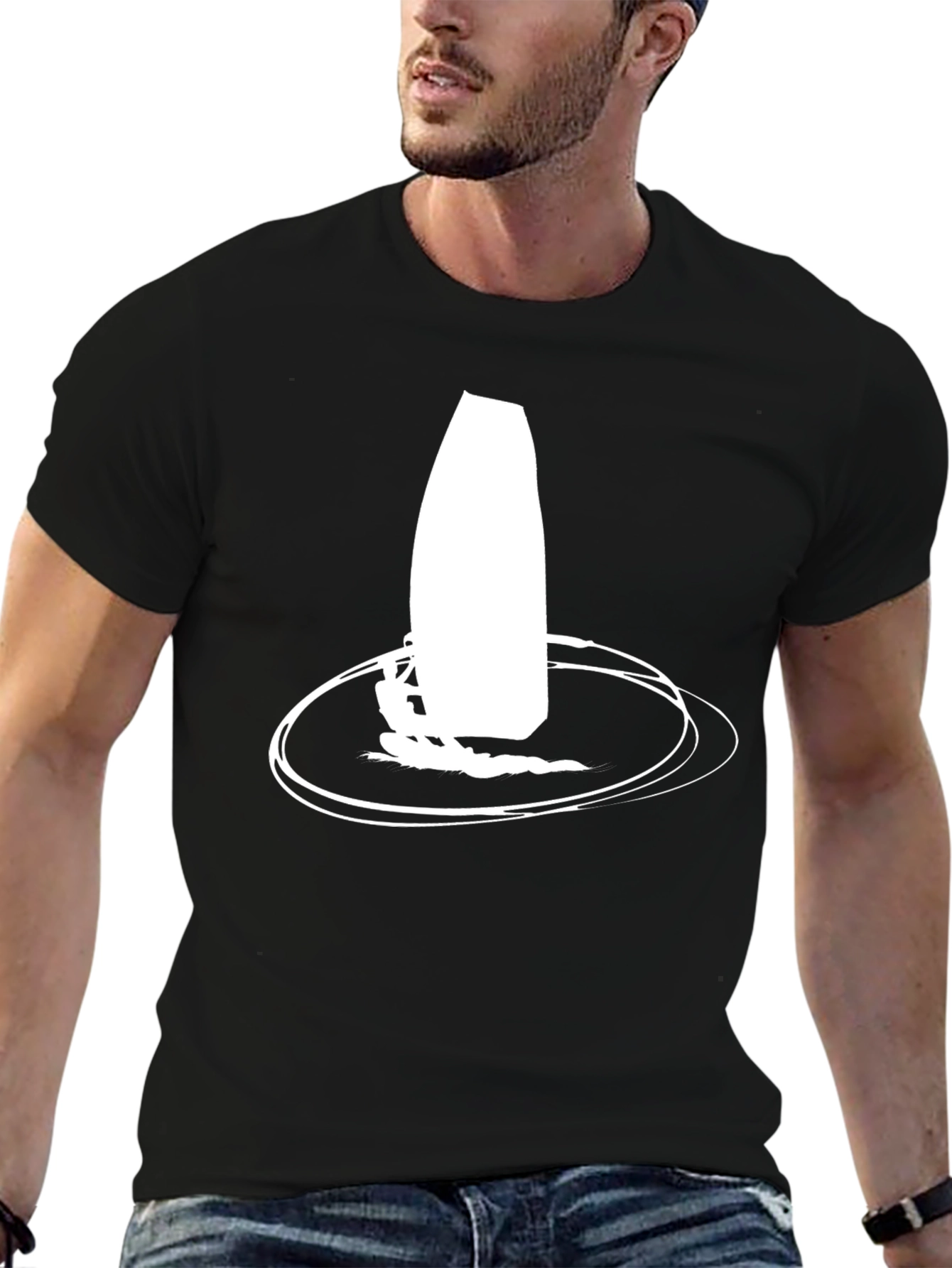 Black T-shirt with Windsurfing Graphic Print