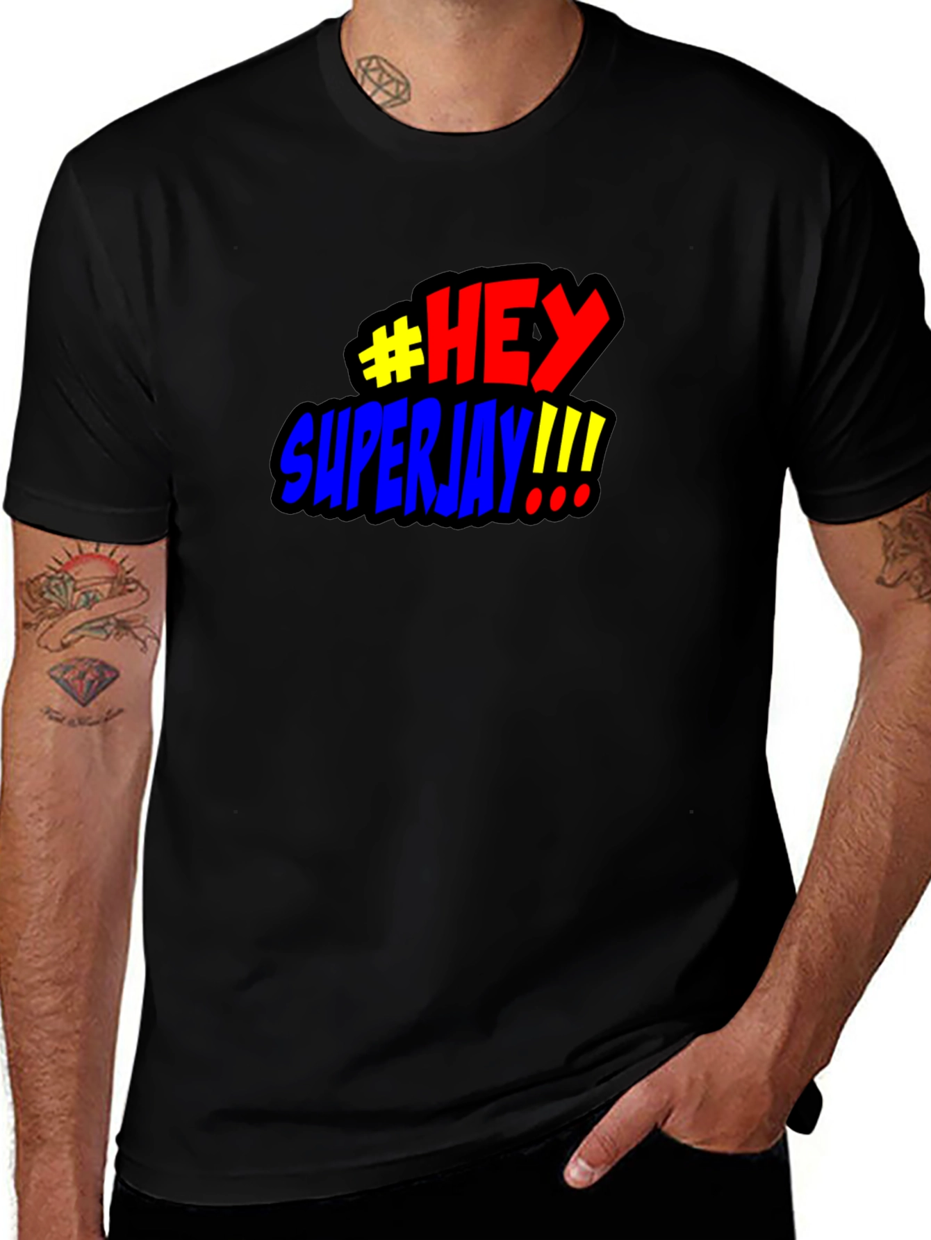 #HEY Superjay!!! Mens Black Graphic T-Shirt