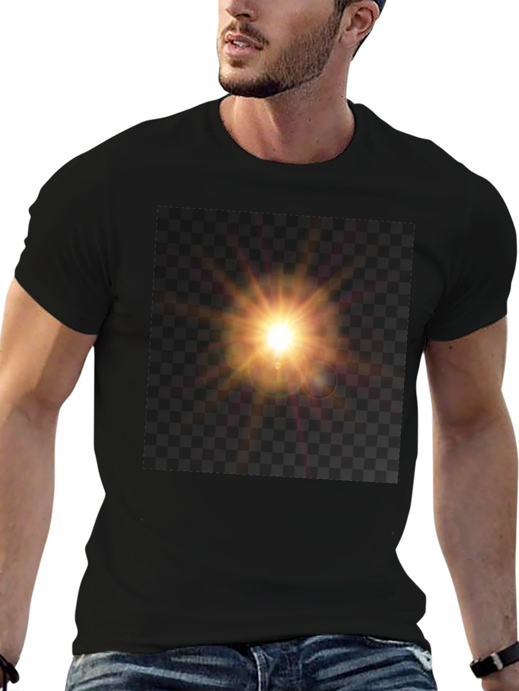 Black T-Shirt with Sun Flare Graphic