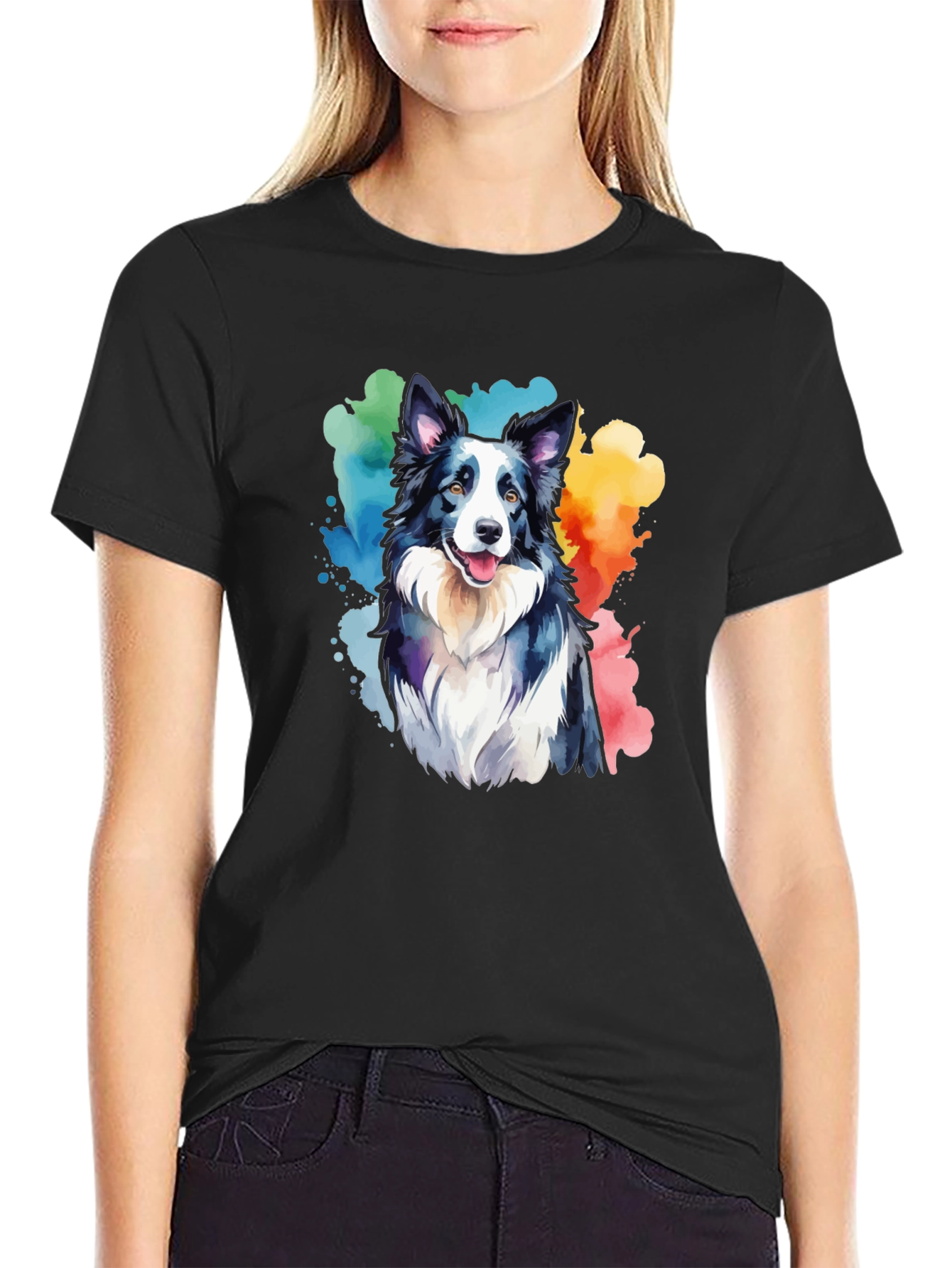Watercolor Border Collie T-Shirt - Mens Black Tee