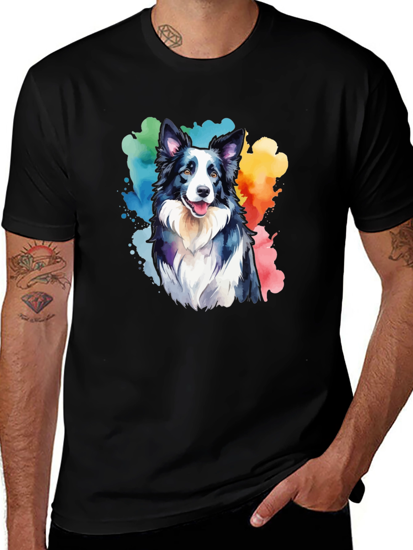 Watercolor Border Collie T-Shirt - Mens Black Tee
