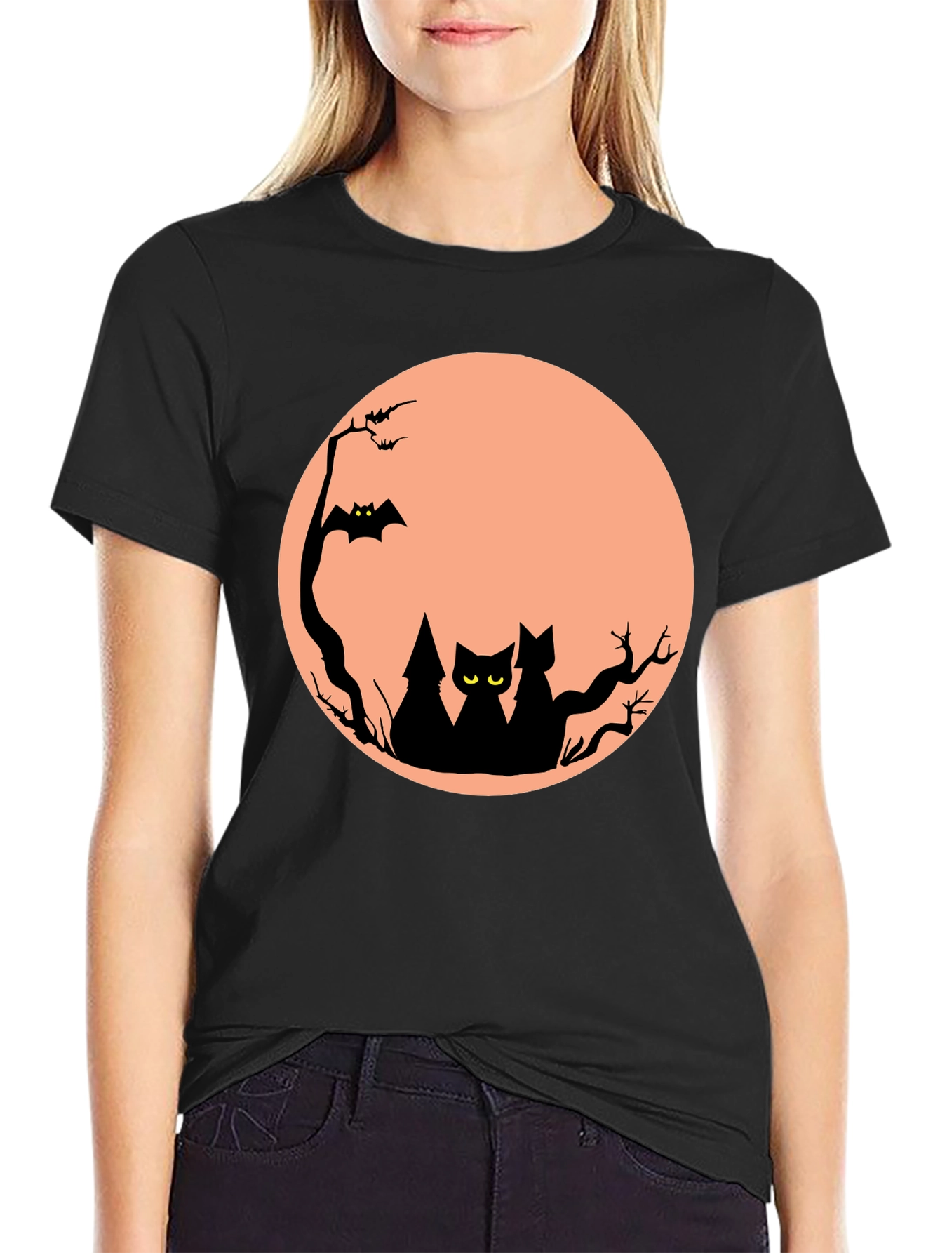 Halloween Cat Moon Graphic T-Shirt