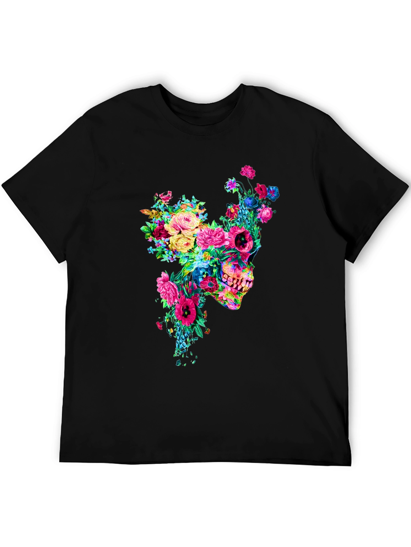 Floral Skull Graphic Tee - Mens Black T-Shirt