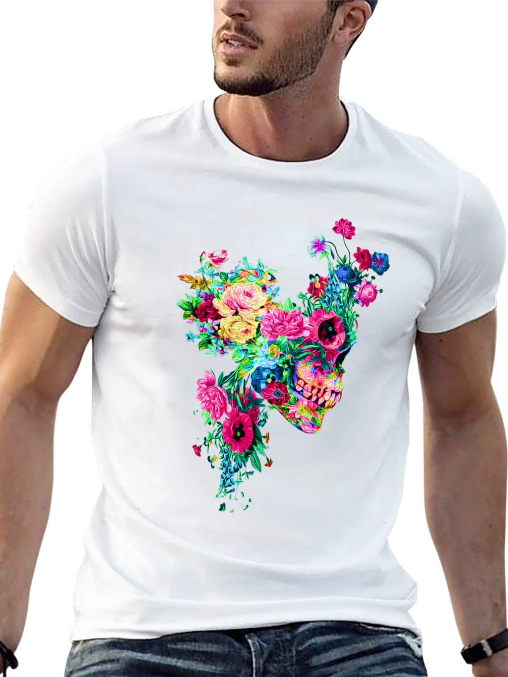 Floral Skull Graphic Tee - Mens Black T-Shirt