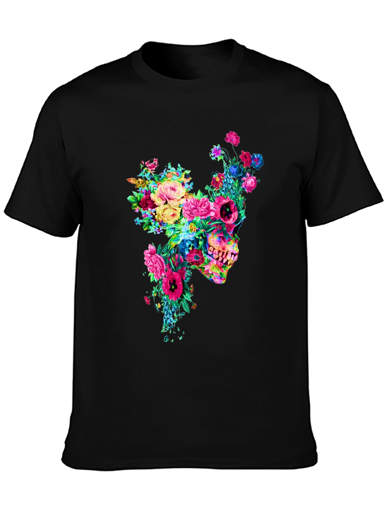 Floral Skull Graphic Tee - Mens Black T-Shirt