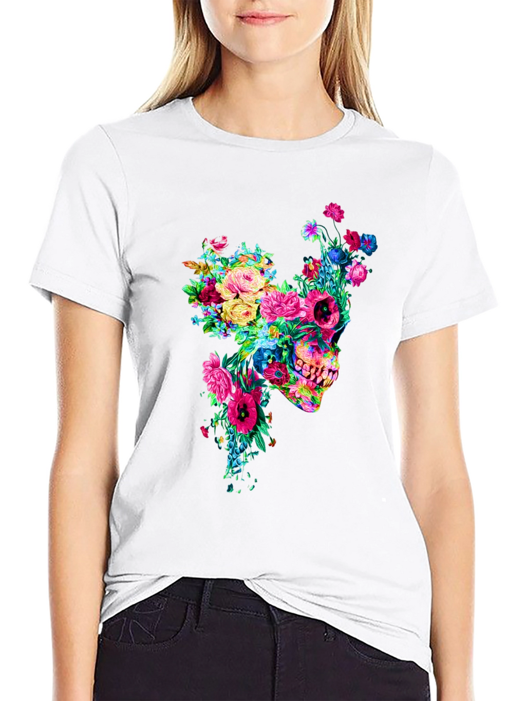 Floral Skull Graphic Tee - Mens Black T-Shirt