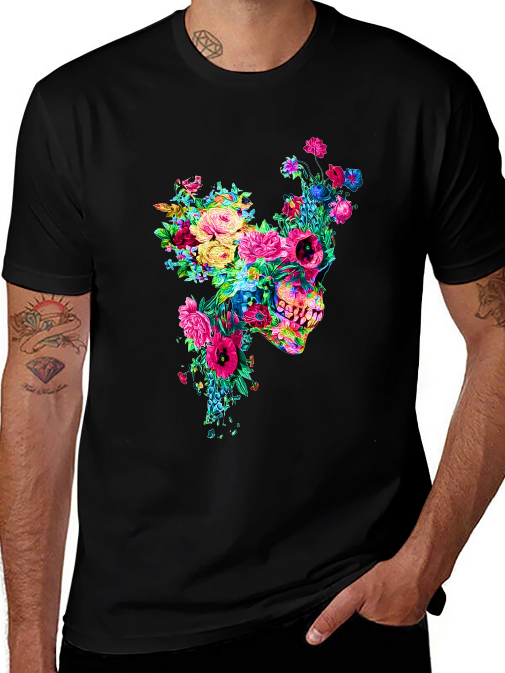 Floral Skull Graphic Tee - Mens Black T-Shirt