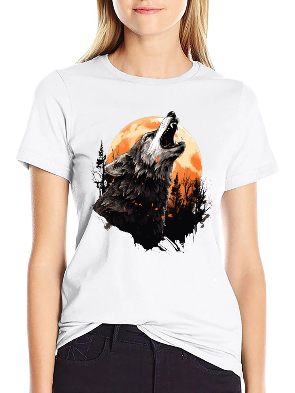 Wolf Howling at Moon Graphic Tee - Black Cotton