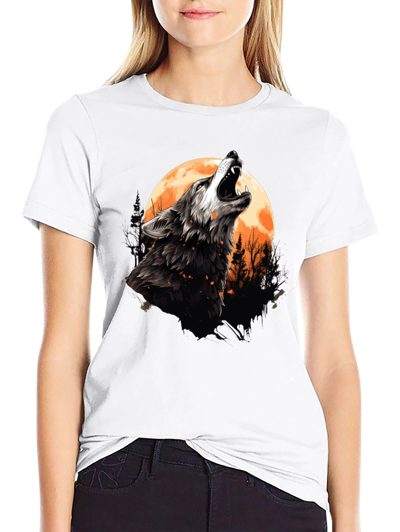 Wolf Howling at Moon Graphic Tee - Black Cotton