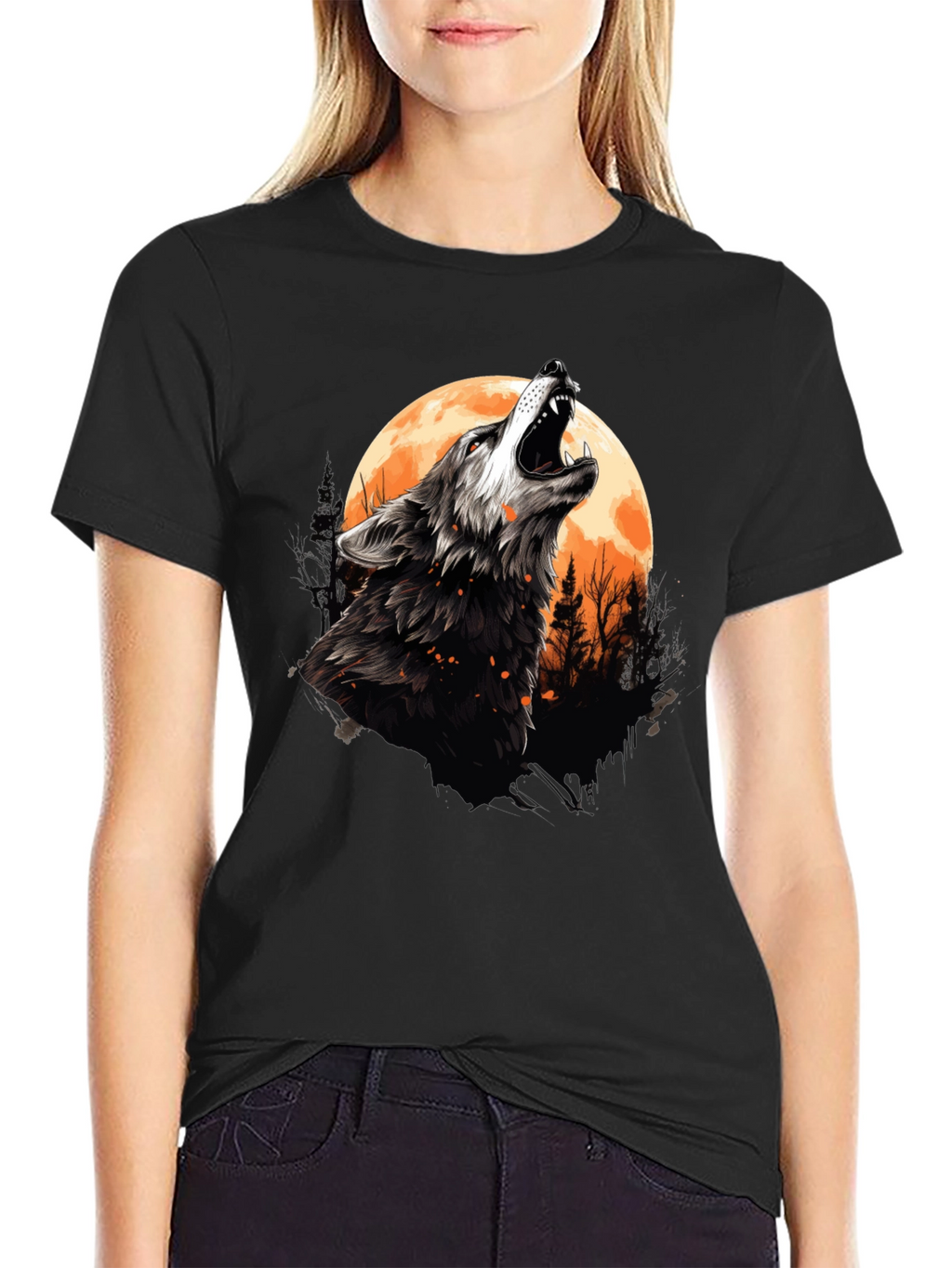 Wolf Howling at Moon Graphic Tee - Black Cotton
