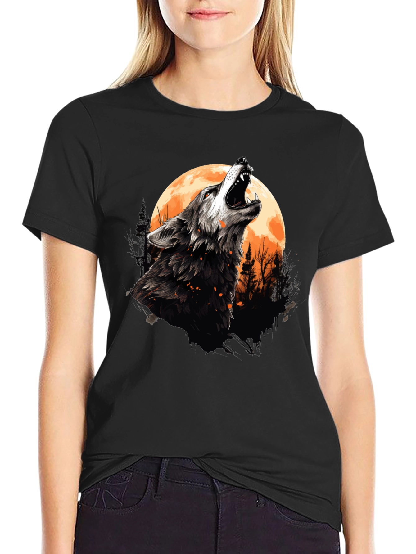 Wolf Howling at Moon Graphic Tee - Black Cotton