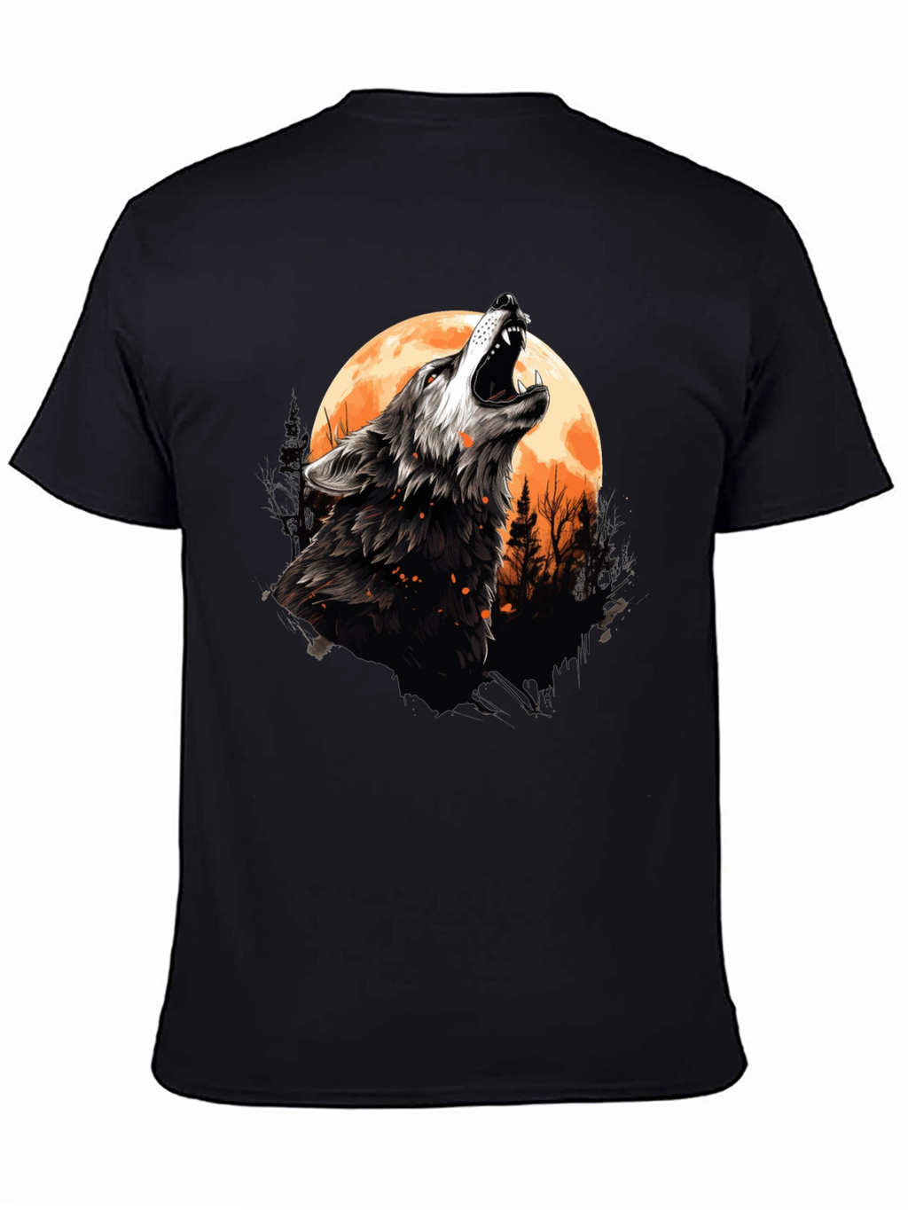 Wolf Howling at Moon Graphic Tee - Black Cotton