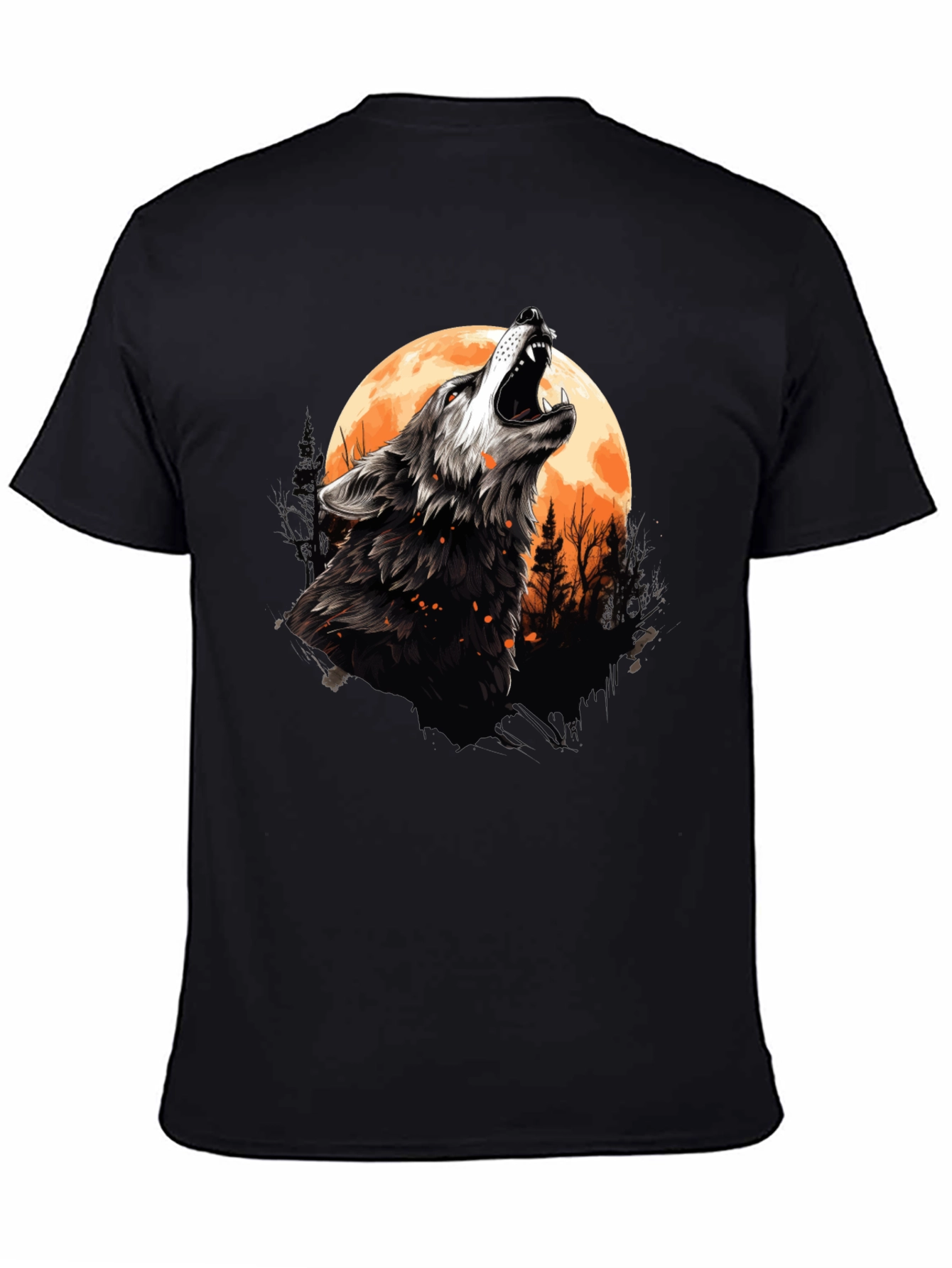 Wolf Howling at Moon Graphic Tee - Black Cotton